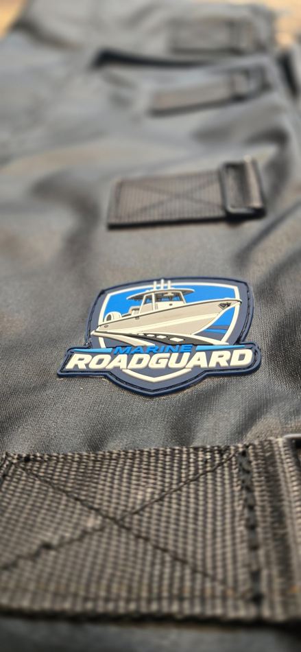 Close-up of Marine RoadGuard emblem and finished shield stitching