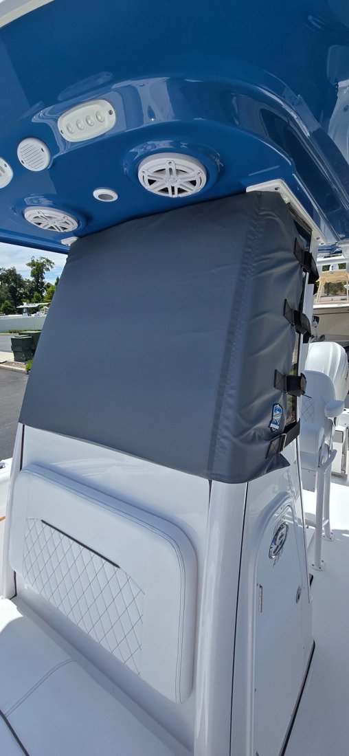 Marine RoadGuard gray shield providing full windshield coverage on a center console boat