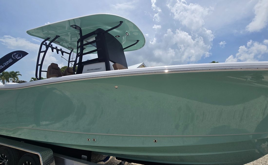 Marine RoadGuard fitted to pale green center-console boat