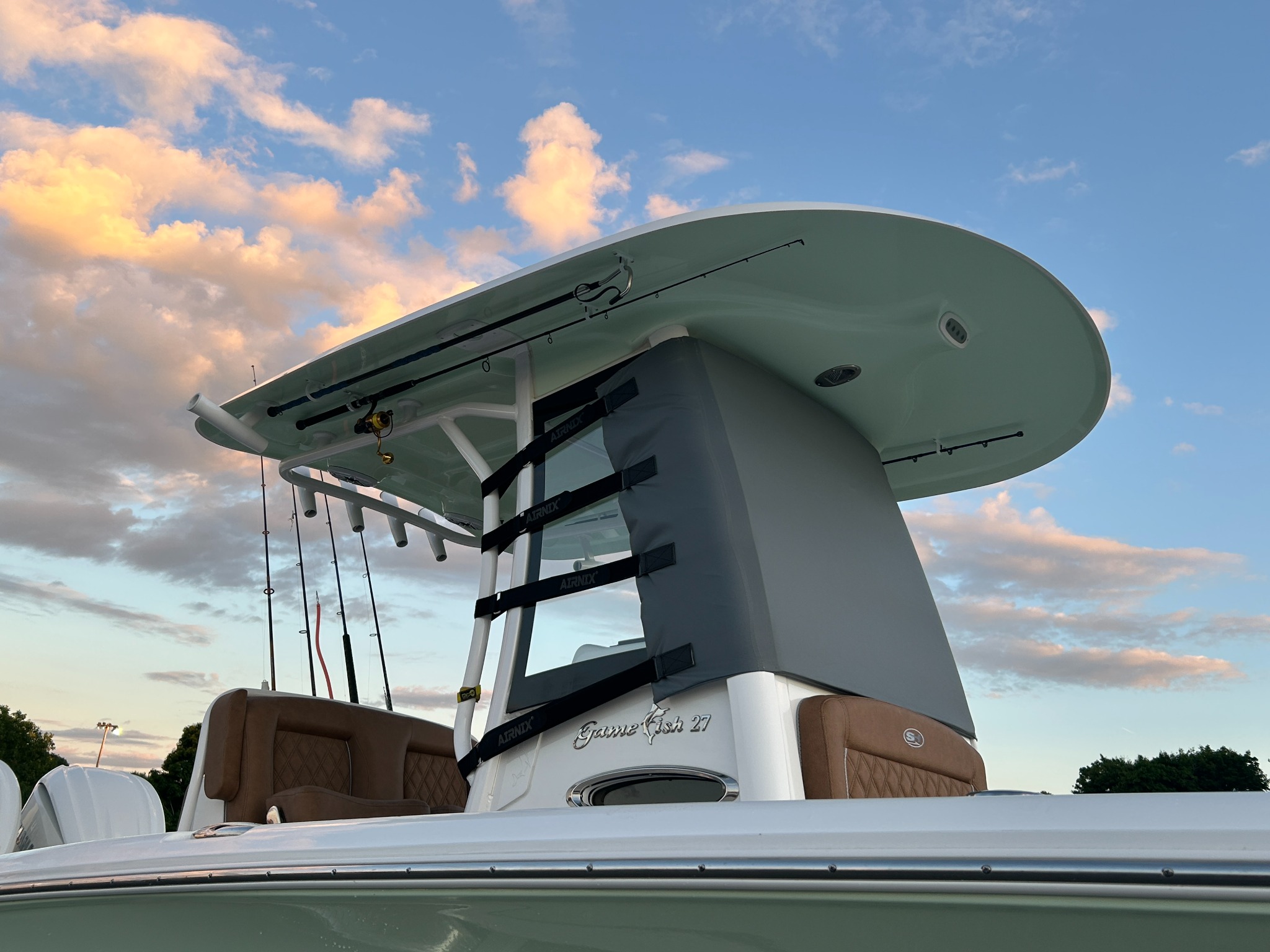 Marine RoadGuard shield installed on a center-console boat at sunset