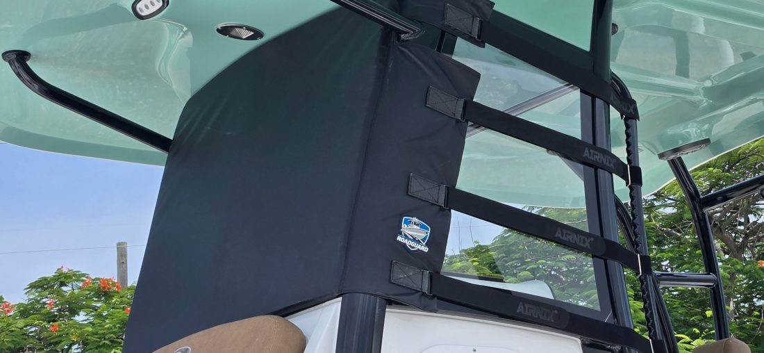 Black Marine RoadGuard shield installed on a boat